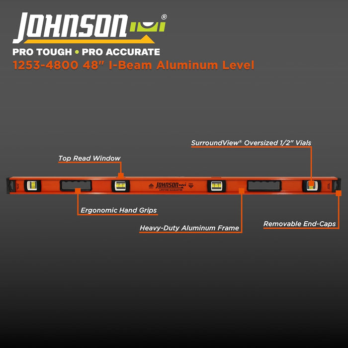 Johnson 1253-4800 Heavy Duty I-Beam Aluminum Level, 48", Orange