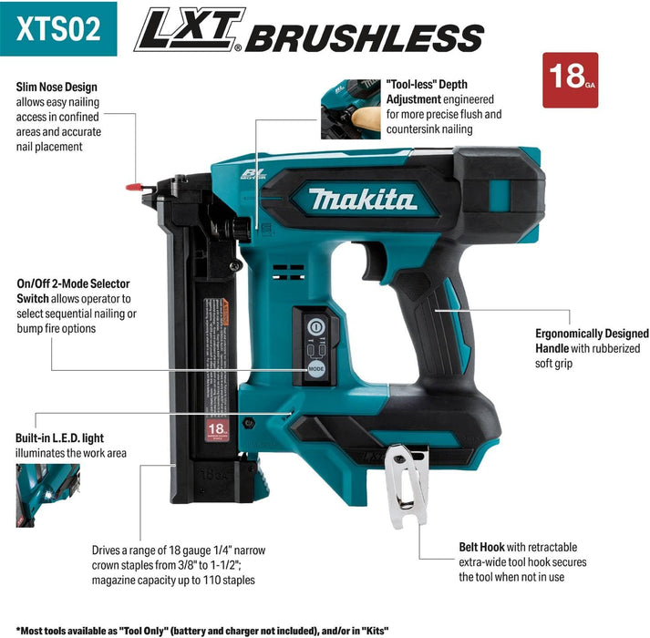 Makita XTS02Z 18V LXT Lithium-Ion Brushless Cordless 1/4" Narrow Crown Stapler, 18 Ga. (Tool Only)