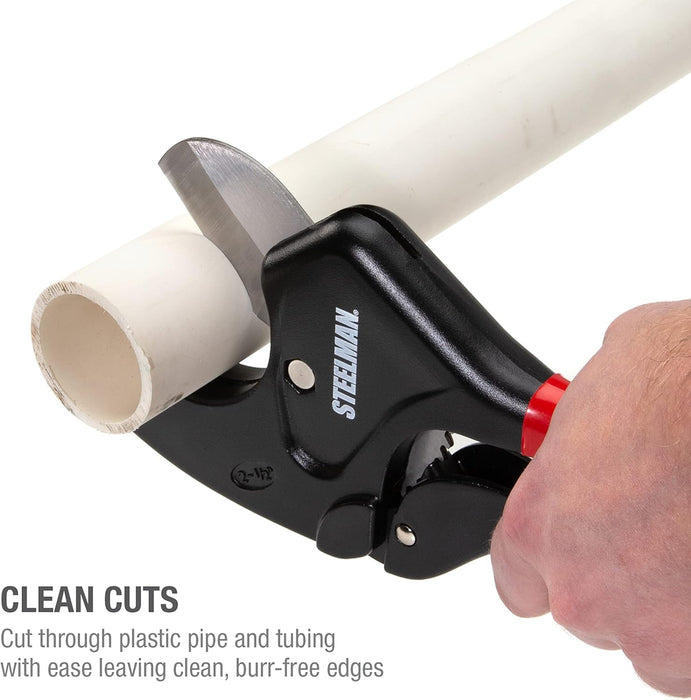Steelman 42565 PVC Pipe Cutter Tool, Cuts 2.5-inch Plastic Tube, Ratcheting, Stainless Steel Blade