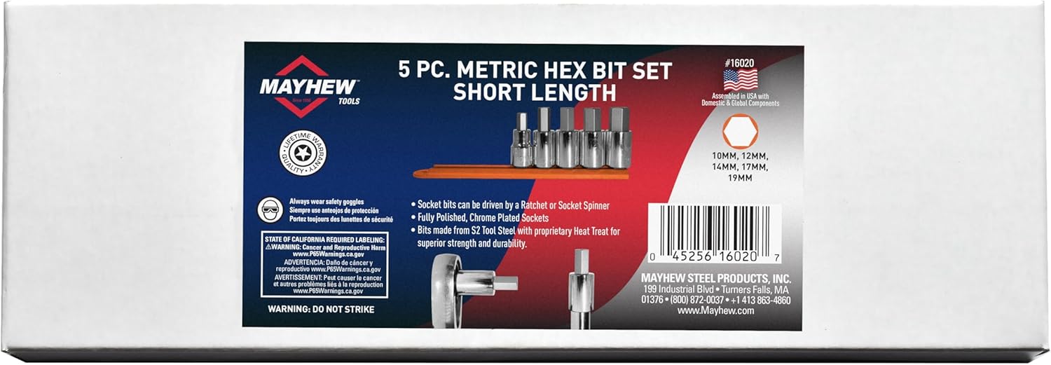 Mayhew Tools 16020 Metric Hex Socket Bit Set, Chrome Plated, 5-Piece Polished Chrome