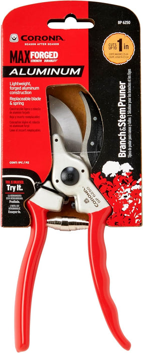 Corona BP 6250 Forged Steel Aluminum Handles Bypass Hand Pruner - 1 inch Cut Capacity Stem and Branch Garden Shears, Red
