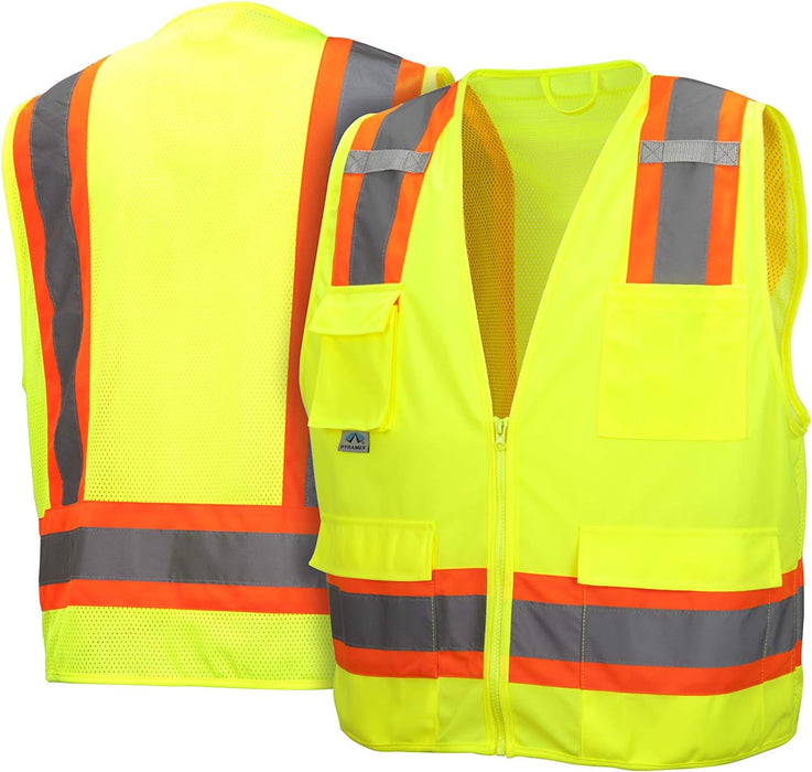 Pyramex RVZ2410X2 Class 2 Surveyor's Safety Vest with 6 Pockets, Hi-Vis Lime, 2XL