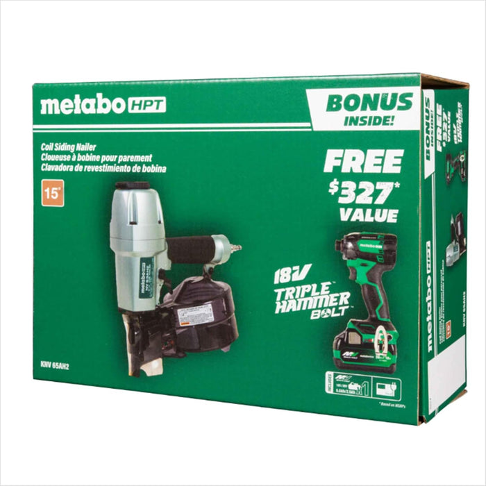 Metabo HPT Pneumatic Siding Nailer + 18V Impact Driver Pro Bundle Kit, 2-1/2 Inch Coil Siding Nailer with BONUS 18V Triple Hammer Impact Driver Kit, KNV65AH2