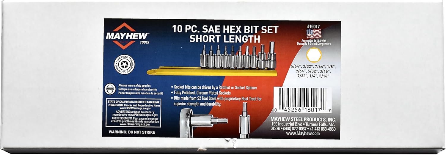Mayhew Tools 16017 SAE Hex Socket Bit Set, 10-Piece, Polished Chrome