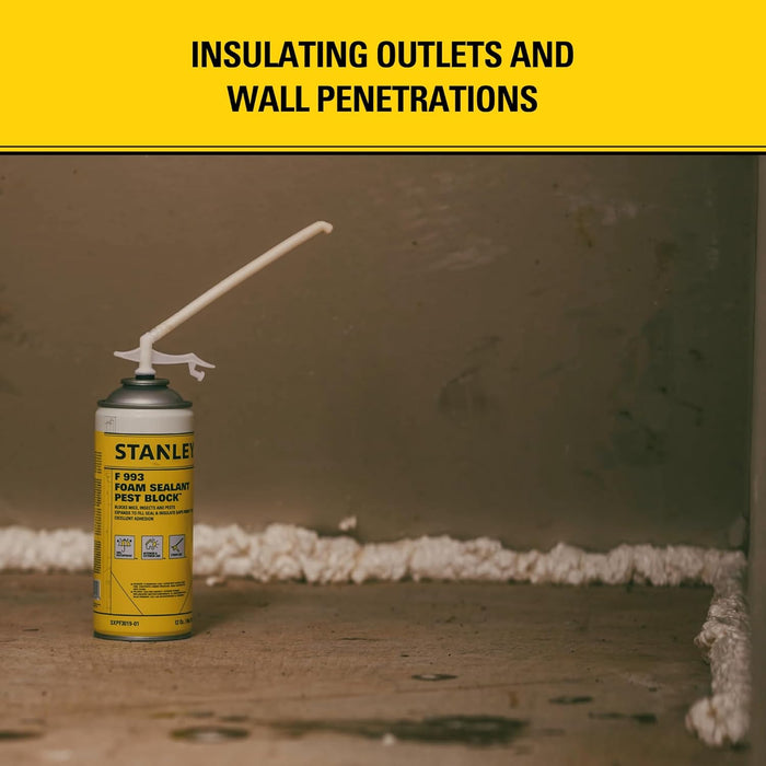 Stanley F993 Expanding Foam Sealant Spray, Gaps & Cracks Filler, PestBlocker for Indoor/Outdoor Use, Paintable, Waterproof, Polyurethane Insulation Foam with Straw Applicator, 12 oz (Pack of 1)