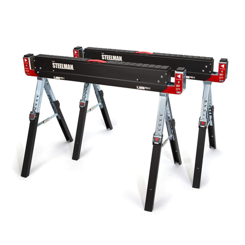 Steelman 67104 Adjustable Height Work Table Folding Sawhorses, Durable Steel Construction, Folding Legs, 2x4 Table Support Arms, 2,600 lb. Combined Loading Capacity (Set of Two)