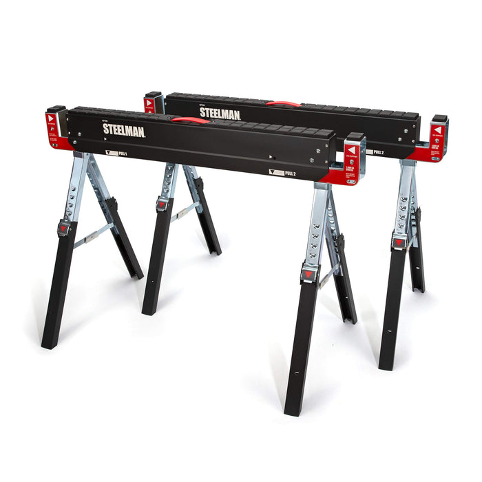 Steelman 67104 Adjustable Height Work Table Folding Sawhorses, Durable Steel Construction, Folding Legs, 2x4 Table Support Arms, 2,600 lb. Combined Loading Capacity (Set of Two)