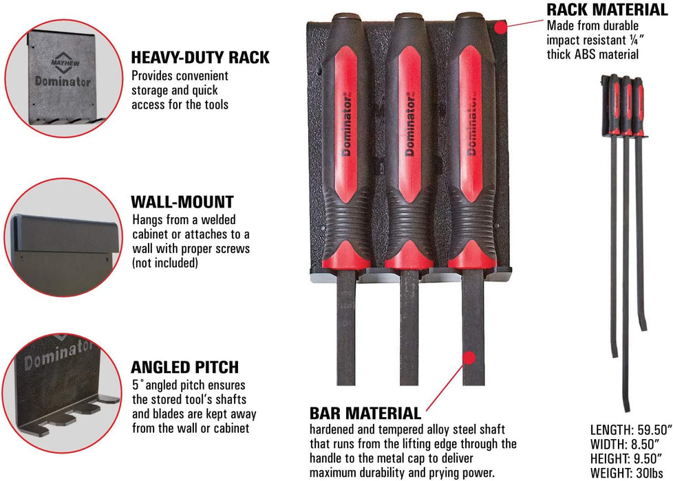Mayhew Tools 14068 Dominator Pro 3-Piece Pry Bar Set, 48", 58" & 44" Curved Heavy-Duty Pry Bars, Red