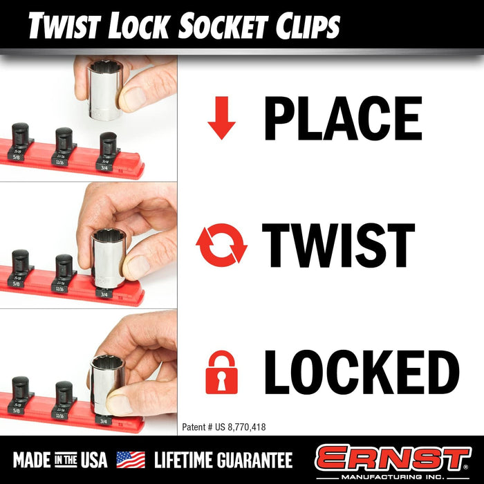 Ernst Manufacturing ERN8442 1/2 Inch Drive Dura-Pro Twist Lock Socket Clips – 15-Pack | Fits on Ernst Rail Socket Organizers | Holds Sockets Securely with Twist-Lock Mechanism | 96 Size Labels Include
