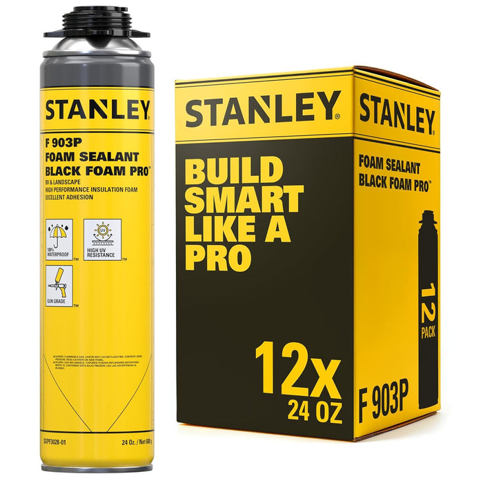 STANLEY Black Spray Foam Pro – Black Expanding Foam Sealant for RV, Automotive & Landscaping, Waterproof, UV Resistant, Strong Adhesion, Gun Use – Gun & Cleaner NOT Included - 24oz, Black Foam Pro (Pack of 12)