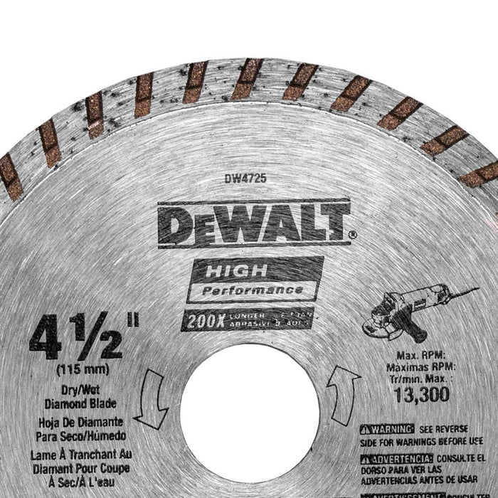 DEWALT DW4725 Diamond Blade for Masonry, Dry Cutting, Continuous Rim, 7/8-Inch Arbor, 4-1/2-Inch