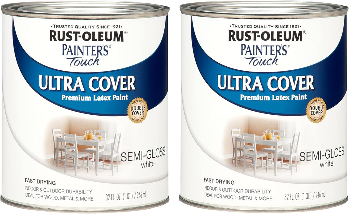 Rust-Oleum 1993502 Painter's Touch Latex Paint, Quart, Semi-Gloss White (Pack of 2)