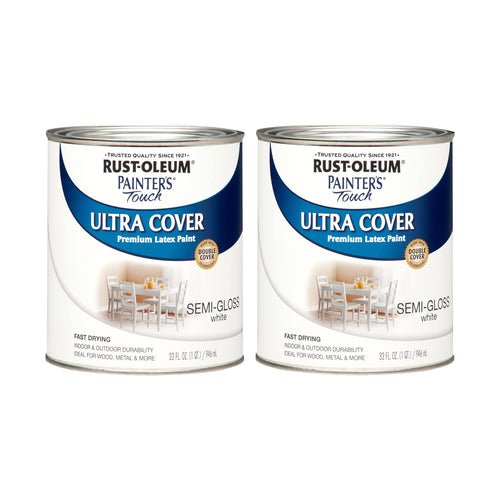 Rust-Oleum 1993502 Painter's Touch Latex Paint, Quart, Semi-Gloss White (Pack of 2)