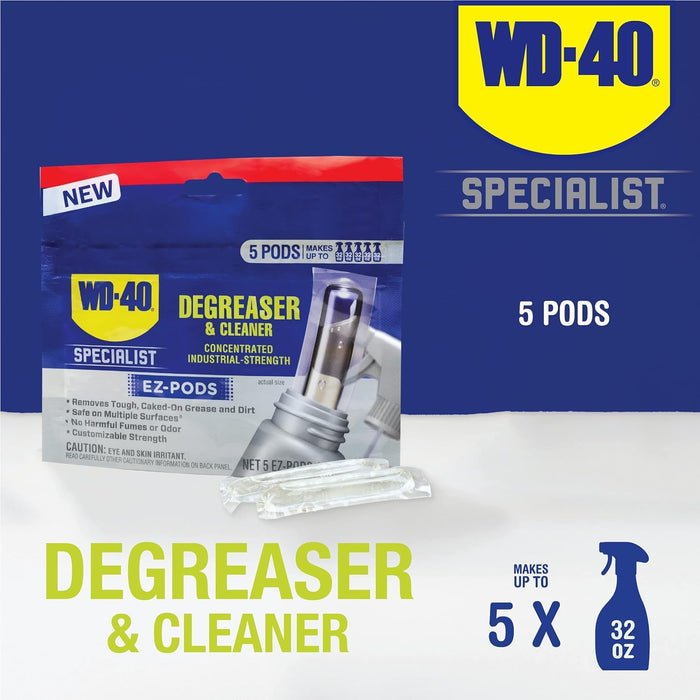 WD-40 300882 Specialist Degreaser and Cleaner EZ-PODS, Customizable Industrial-Strength Concentrate, Multi-Surface Cleaning Solution, Cleans and Degreases BBQ, Patio Cleaner, Unscented, 0.28 oz (Pack of 5 Pods)