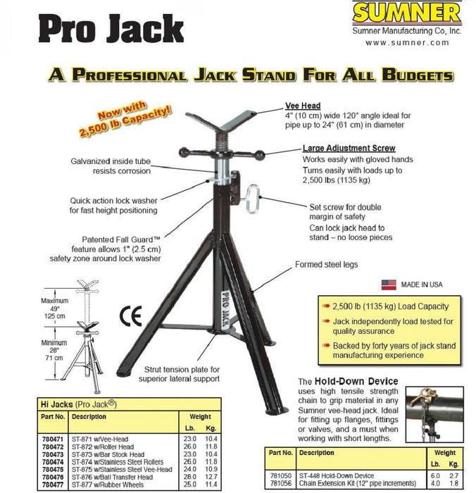 Sumner 780471 ST-871 Hi Pro Jack with Vee Head, 28" to 49" Adjustable Height, 2500 lb. Capacity