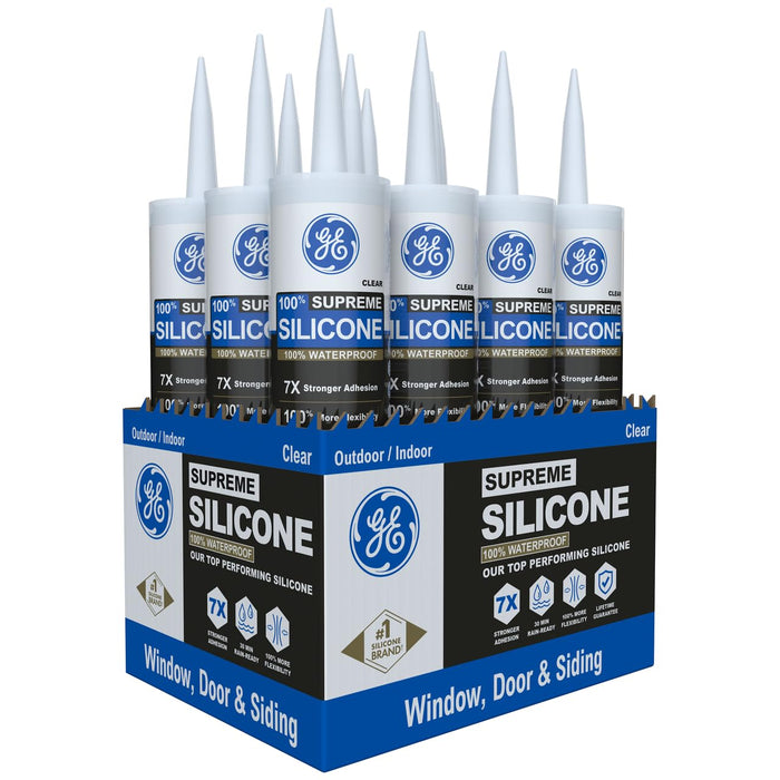 GE Supreme Silicone Caulk for Window & Door, Clear, 10 fl oz Cartridge, 100% Waterproof Silicone Sealant, 7X Stronger Adhesion, Shrink & Crack Proof (Pack of 12)