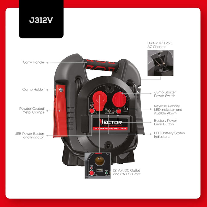 Vector J312V Jump Starter, 700 Peak Amp, USB Charging Port, Rechargeable Battery