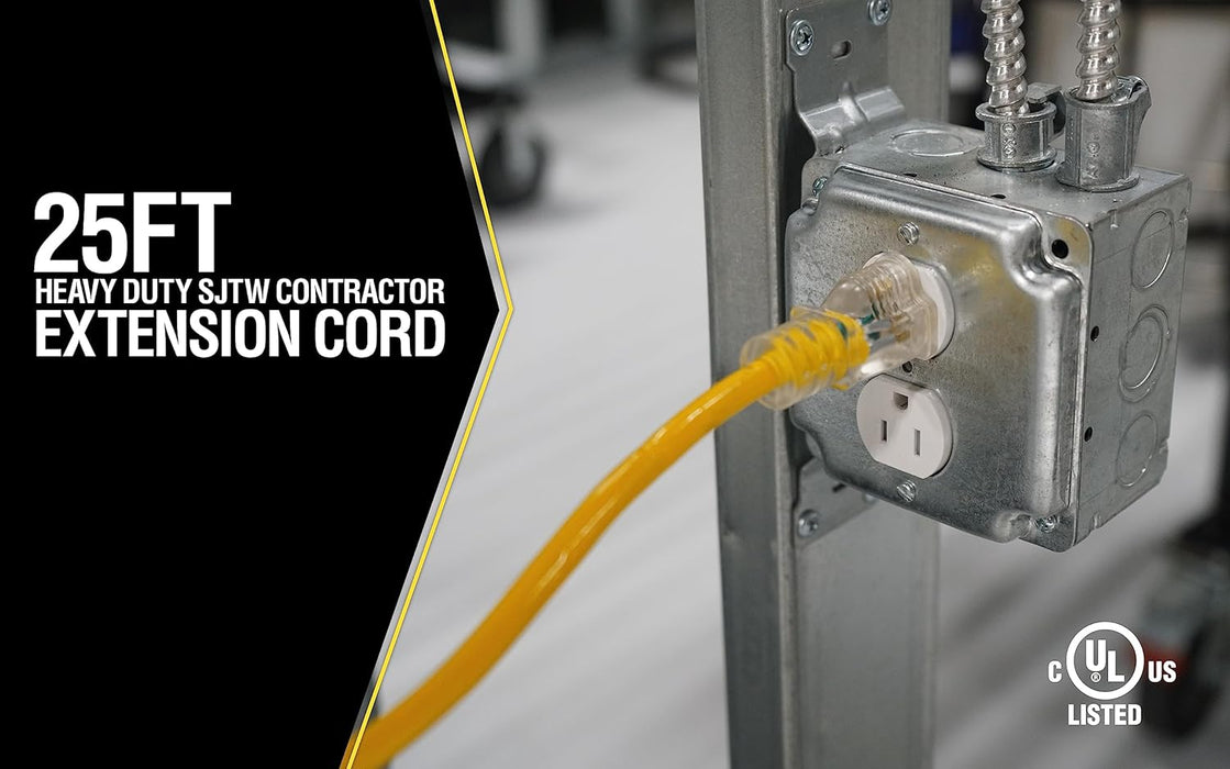 Yellow Jacket 64824801 Heavy Duty Extension Cord, 25Ft, 12 Gauge, 3 Conductor, Lighted End, Weather Resistant, SJTW, Yellow