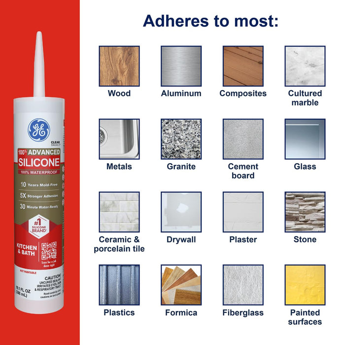 GE Advanced Silicone Caulk for Kitchen & Bathroom, Clear, 10 fl oz Cartridge, 100% Waterproof Silicone Sealant, 5X Stronger Adhesion, Shrink & Crack Proof (Pack of 12)