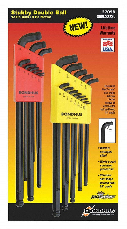 Bondhus 27098 22 Piece Stubby Double Ball End L-Wrenches XL Double Pk
