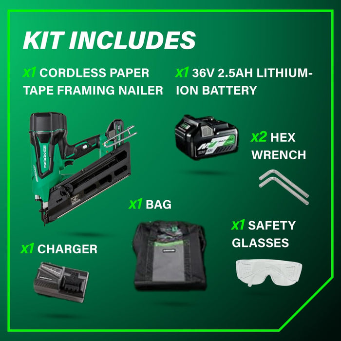 Metabo HPT Cordless 18V MultiVolt Framing Nailer Kit Accepts 2-Inch to 3-1/2-Inch Clipped & Offset Round Paper Nails 1-18V 4.0Ah Li-Ion Battery w/Fuel Gauge Lifetime Tool Warranty NR1890DCST