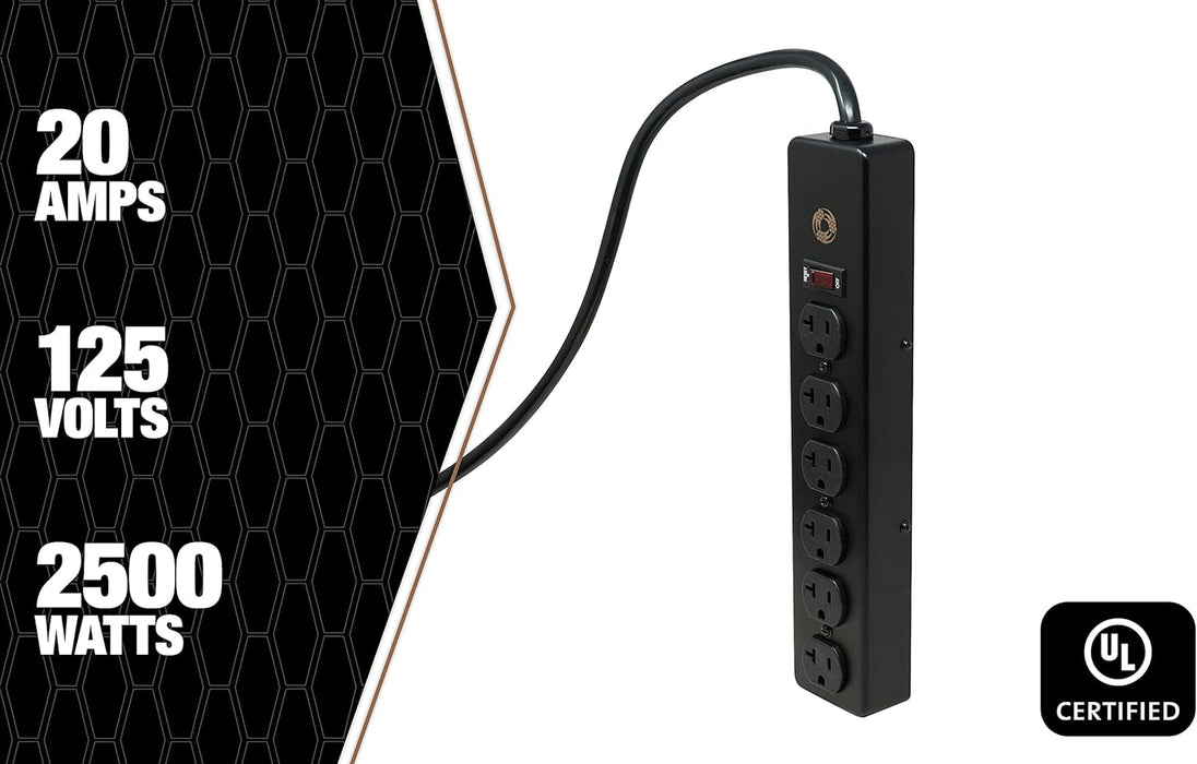Southwire 5122 20 Amp Rated, 6 Outlet all Metal Power Strip with NEMA 5-20 P&R, 15-foot 12/3 Cord Black 15 ft 6-Outlet 20 Amp