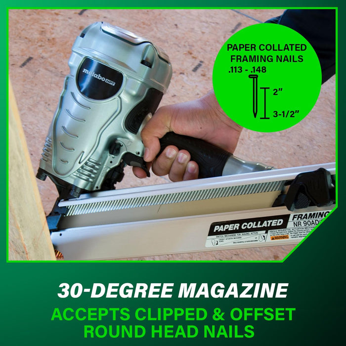 Metabo HPT (NR90ADS1M) Framing Nailer, Pro-Preferred Framing Tool For Flooring, Truss Build-Up, Roof Decking, and Housing Construction, Quick Switch Nailing, 3-1/2" 30° Paper Collated Nails