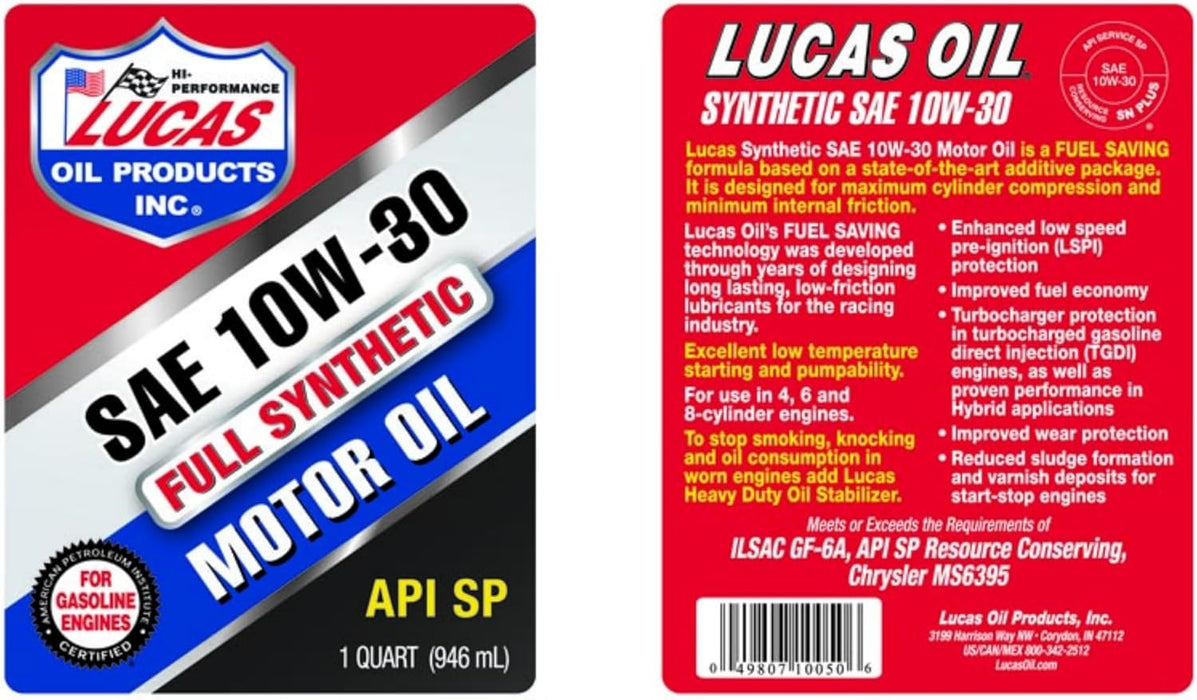 Lucas Oil 10050 Full Synthetic SAE 10W-30 Motor Oil, 1 Quart (Pack of 6)