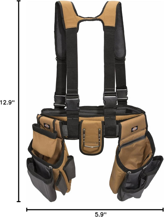 Dickies 57023 4-Piece Carpenter's Rig, Padded Tool Belt Suspenders, Cooling Mesh, Leather Tool Belt, Steel Buckle, Grey/Tan, 3.8 lb.