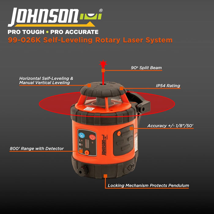 Johnson 99-026K Self-Leveling Horizontal Rotary Laser System with Hard Case Kit, 50 x 14.5", Red