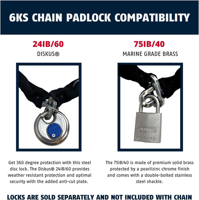 ABUS Hardened Steel 6KS 1/4" Thick Square Security Chain for Bikes, Containers, Trailers, ATV's, Motorcycles and Personal/Industrial Property (6 Foot)
