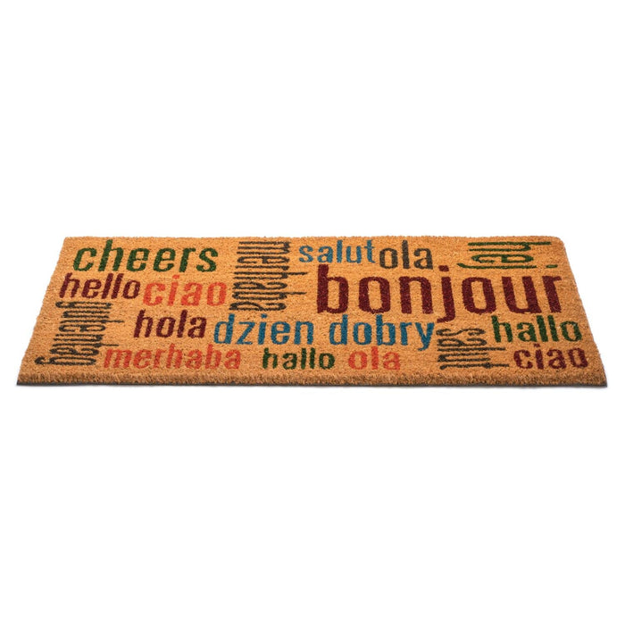 Notrax | C12S1830HW | Notrax Multi-Lingual Hello, Vinyl-Backed Natural Coir Doormat, Entry Mat for Indoor or Outdoor Use, 18"x30", C12 (C12S1830HW)