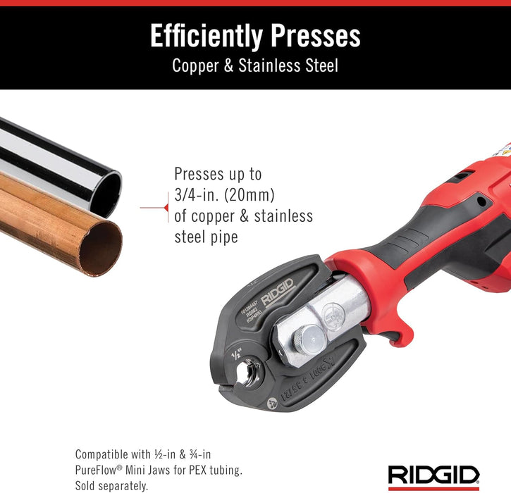 RIDGID (RP115) 72553 Mini Press Tool and Battery Kit with 1/2" to 3/4" ProPress Press Tool Jaws, 2V Li/Ion Battery, 12V Charger, and Carrying Case