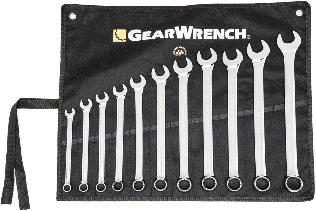 GEARWRENCH Long Pattern Combination SAE Wrench Set with Tool Roll, 11 Pc., 12 Point - 81934 11 Pc With Tool Roll SAE