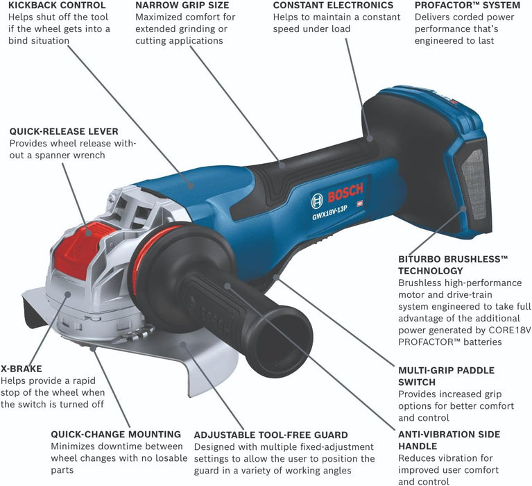 BOSCH GWX18V-13PN PROFACTOR 18V X-LOCK 5 � 6 In. Angle Grinder with Paddle Switch, Tool-free Disc Swap (Bare Tool)