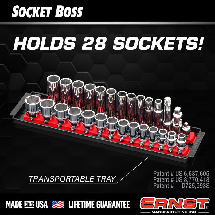 Ernst Mfg. 8493 RD Socket BOSS Tray High-Density System with (2) Red 13" Socket Rail + (28) Twist Lock Clips, 3/8" Drive - Made in USA