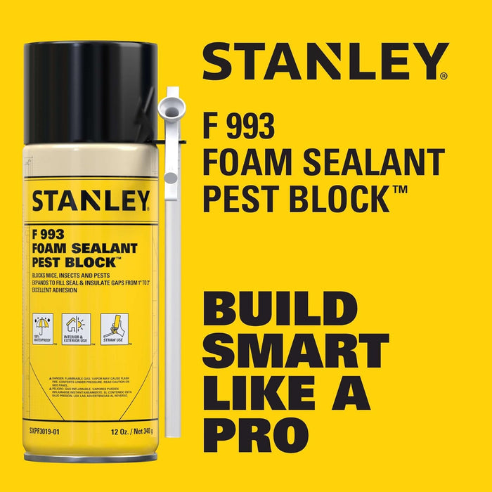 Stanley F993 Expanding Foam Sealant Spray, Gaps & Cracks Filler, PestBlocker for Indoor/Outdoor Use, Paintable, Waterproof, Polyurethane Insulation Foam with Straw Applicator, 12 oz (Pack of 2)