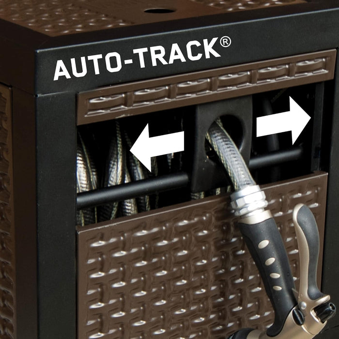 AMES NeverLeak Hose Reel Cabinet Box, 100 Ft. Capacity, Decorative with Wicker Look, Auto Track Rewinding, Black Metal