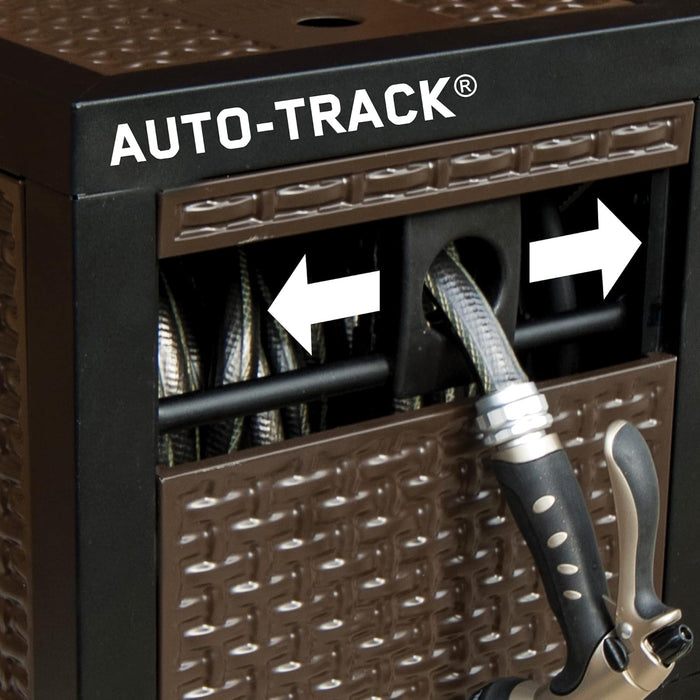 AMES NeverLeak Hose Reel Cabinet Box, 100 Ft. Capacity, Decorative with Wicker Look, Auto Track Rewinding, Black Metal