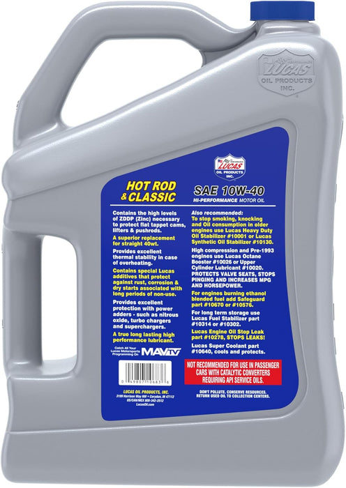 Lucas Oil 10683 Hot Rod & Classic Car SAE 10W-40 Motor Oil, 5 Quart (Pack of 1)