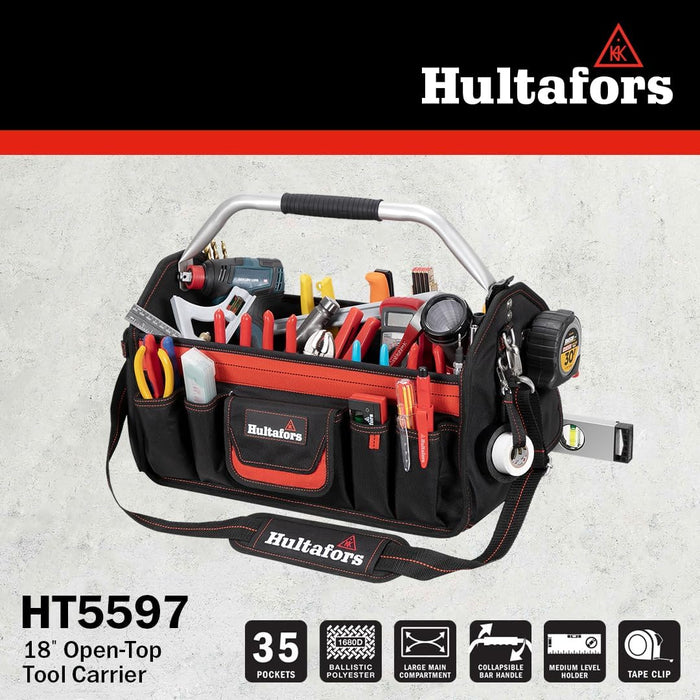 Hultafors HT5597 Work Gear Open-Top Tool Carrier, 35 Pockets, Heavy Duty Ballistic Polyester Tool Bag, Durable Base Pad Feet, Collapsible Bar Injected Mold Handle, Tape Strap, Measuring Tape Clip