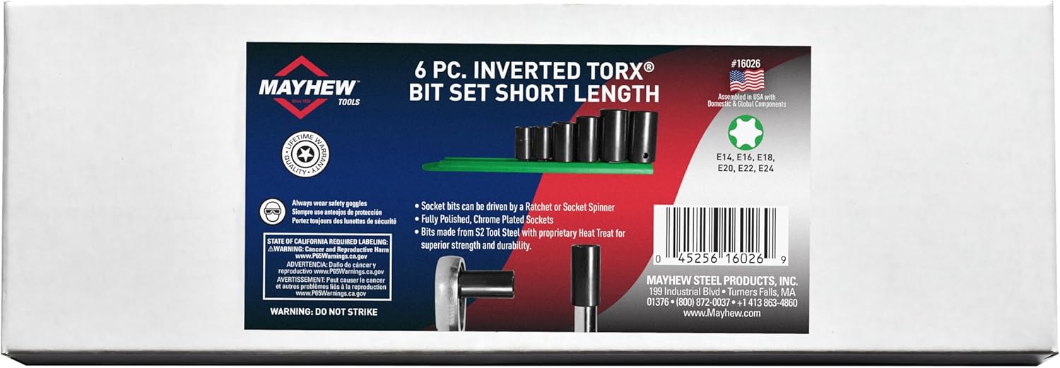 Mayhew Tools 16026 Inverted Torx Socket Bit Set, 6-Piece, Black Oxide Finish, polished chrome Polished Chrome 6-Piece Inverted Torx
