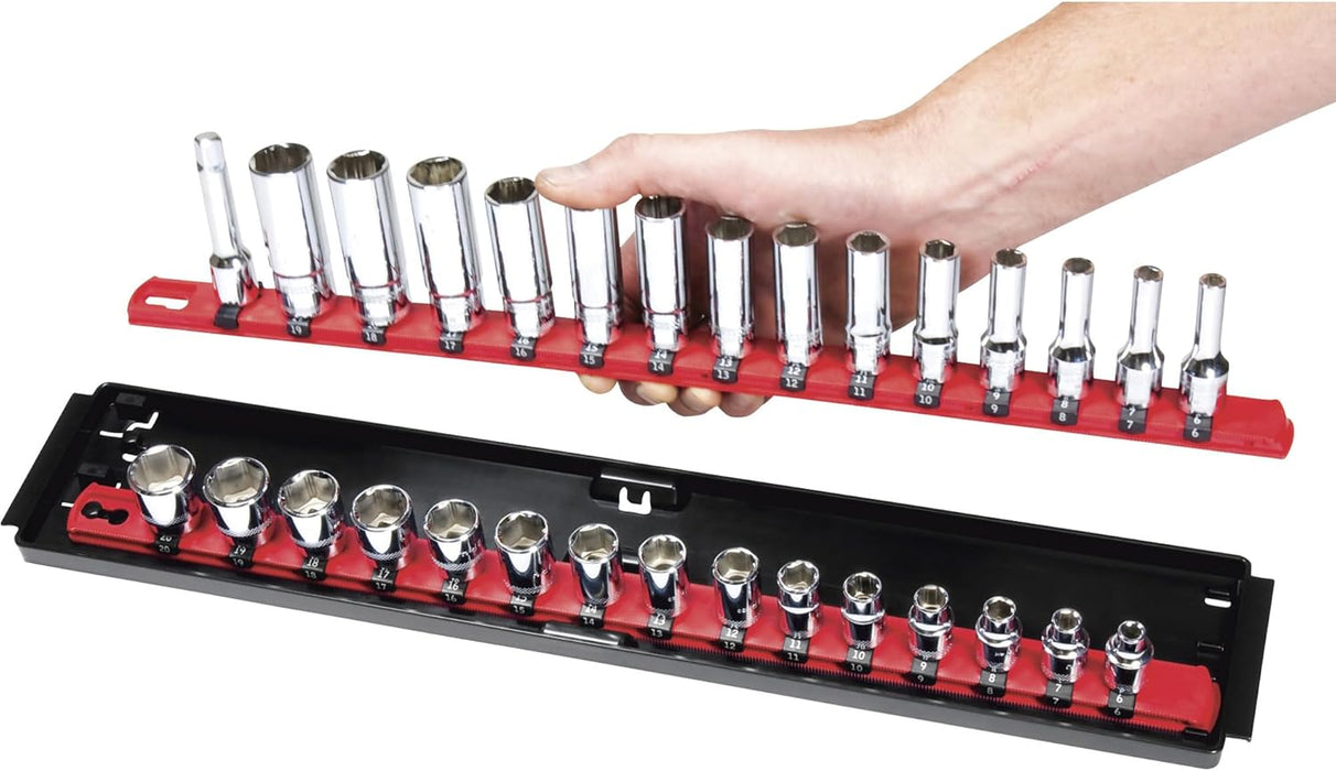 Ernst Manufacturing - 8453 Socket Boss 2-Rail 3/8-Inch-Drive Socket Organizer, 19-Inch, Red - Socket Storage Tray and Organization System for Mechanics and Automotive Service Technicians - Made in USA 19-INCH 3/8" Red