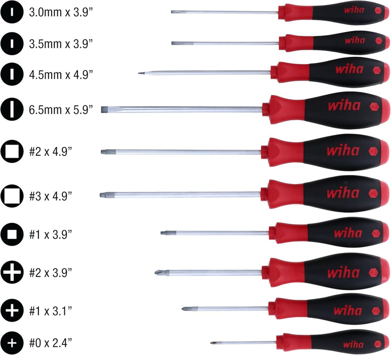 Wiha 30290 SoftFinish Grip ScrewDriver Set, Slotted 3.0-6.5, Phillips Number 0 -2 and Square Number 1-3, 10-Piece Set