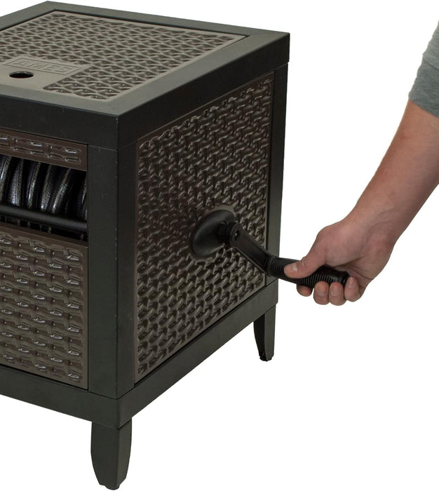 AMES NeverLeak Hose Reel Cabinet Box, 100 Ft. Capacity, Decorative with Wicker Look, Auto Track Rewinding, Black Metal