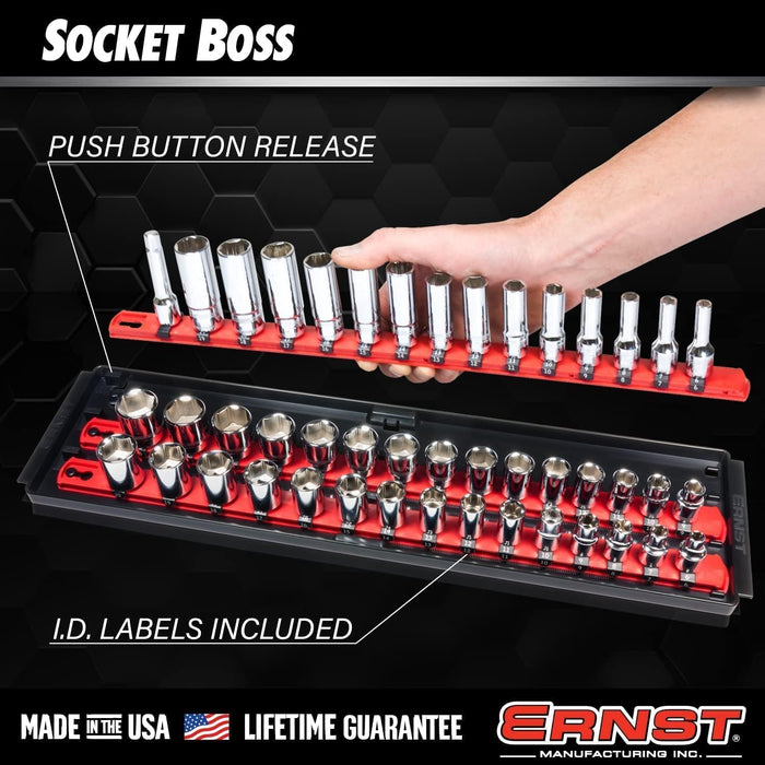 ERNST Socket Boss Combo 3-Pack Tool Organizer with Twist-Lock Technology, Red, Model 8510A – Secure Socket Storage for Mechanics and DIY Enthusiasts - Made in USA