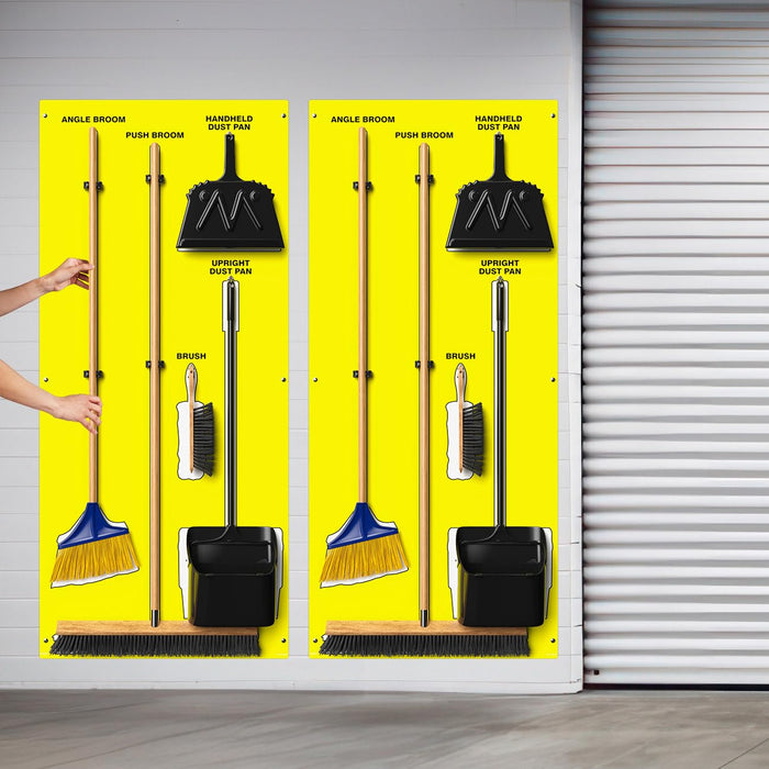 Clean & Sweep PSB116YLWT 5S Shadow Board/Wall Mount Broom Holder, 68" x 30" Board, 5S Cleaning Station with Broom and Dustpan Set Included, Yellow/White