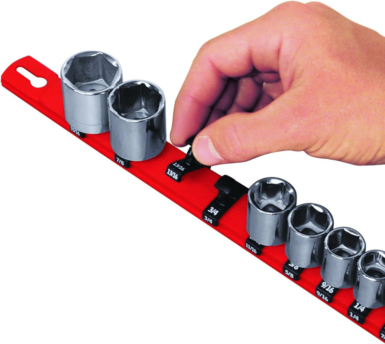 ERNST 18-Inch Socket Rail Organizer with 18 3/8-Inch Dura-Pro HD Clips, Red (8320-Red-3/8)