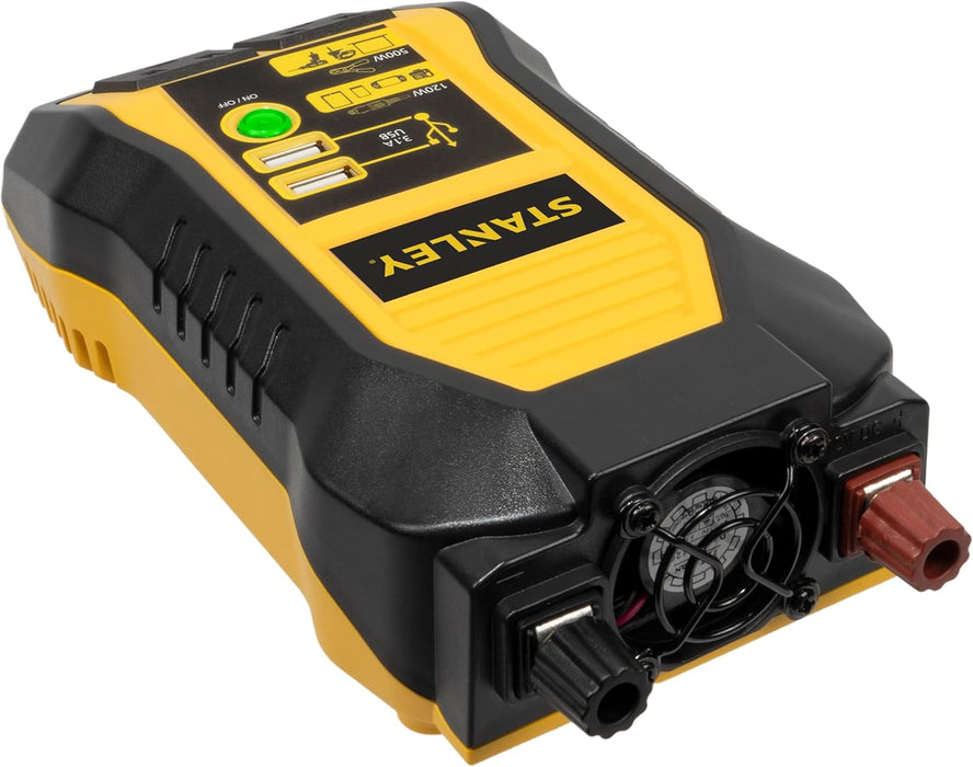 STANLEY PI500S Power Inverter 500W Car Converter: Dual AC Outlets, 3.1A USB Ports, 12V DC Adapter, Battery Clamps