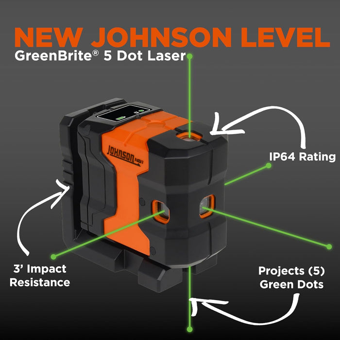 Johnson JDT300-GN5D Laser Level, Self-Leveling Kit 5 Dot Laser with GreenBrite Technology, Magnetic Base, Hard-Shell Carry Case, Floor Mount
